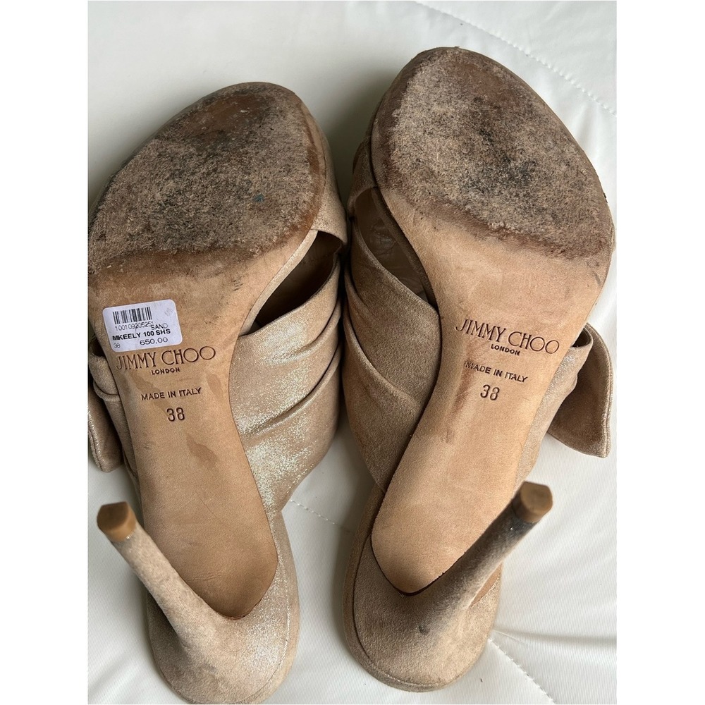 Jimmy Choo Beige Suede Bow Pleated Stiletto Mule Open Toe Women's Heels Size 38 - Picture 12 of 13